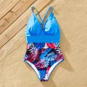 Family Matching Blue Floral Drawstring Swim Trunks or Shell Trim Spliced One-Piece Swimsuit #1327835