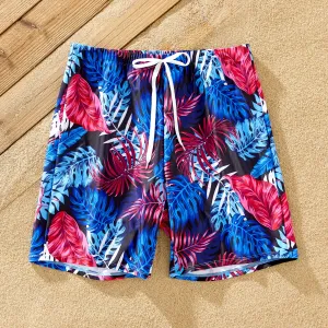 Family Matching Blue Floral Drawstring Swim Trunks or Shell Trim Spliced One-Piece Swimsuit #1327837