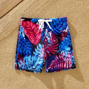 Family Matching Blue Floral Drawstring Swim Trunks or Shell Trim Spliced One-Piece Swimsuit #1327842