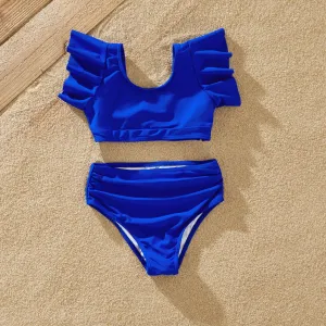 Family Matching Blue Ruffle Trim Two-piece Swimsuit and Letter Print Swim Trunks #718206