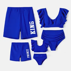 Family Matching Blue Ruffle Trim Two-piece Swimsuit and Letter Print Swim Trunks #718211