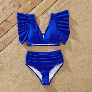 Family Matching Blue Ruffle Trim Two-piece Swimsuit and Letter Print Swim Trunks #718212