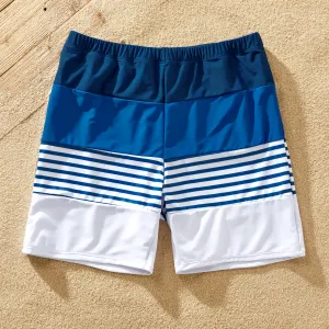 Family Matching Blue Striped Ruffled One Shoulder Cut Out One-piece Swimsuit or Swim Trunks Shorts #920016