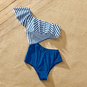 Family Matching Blue Striped Ruffled One Shoulder Cut Out One-piece Swimsuit or Swim Trunks Shorts #920022