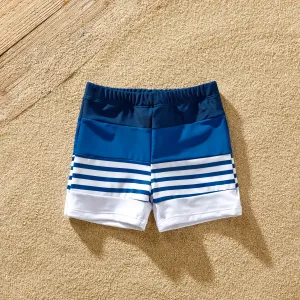 Family Matching Blue Striped Ruffled One Shoulder Cut Out One-piece Swimsuit or Swim Trunks Shorts #920024