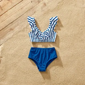 Family Matching Blue Striped Ruffled One Shoulder Cut Out One-piece Swimsuit or Swim Trunks Shorts #920028