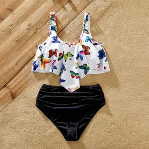 Family Matching Butterfly Print Two-Piece Asymmetric Hem Top & Shorts Swimsuit #777061