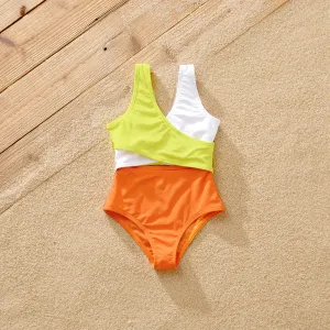 Family Matching Color Block Criss Cross Front One-piece Swimsuit or Swim Trunks Shorts #1042352