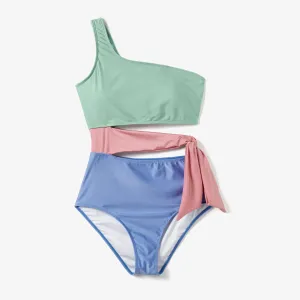 Family Matching Color Block Drawstring Swim Trunks or One Shoulder One-Piece Swimsuit #1332693