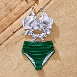 Family Matching Color Block Drawstring Swim Trunks or Stripe Cross Front Two-Piece Swimsuit (Quick-Dry) #1329681