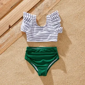 Family Matching Color Block Drawstring Swim Trunks or Stripe Cross Front Two-Piece Swimsuit (Quick-Dry) #1329688