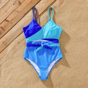 Family Matching Color-block Swim Trunks or One-piece Bandage Swimwear #1319407