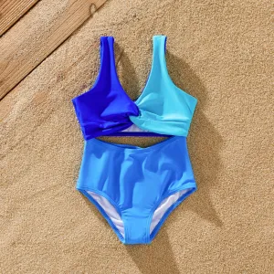 Family Matching Color-block Swim Trunks or One-piece Bandage Swimwear #1319413