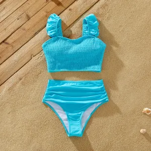 Family Matching Colorblock Drawstring Swim Trunks or Shirred Ruffle Strap Two-Piece Swimsuit #1323508