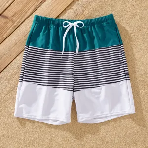 Family Matching Colorblock One Shoulder Cut Out One-piece Swimsuit and Striped Spliced Swim Trunks Shorts #799402