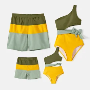 Family Matching Colorblock One Shoulder One-piece Swimsuit and Swim Trunks #235482
