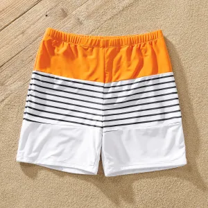 Family Matching Colorblock Spliced Cut Out One-piece Swimsuit or Striped Swim Trunks Shorts #919934