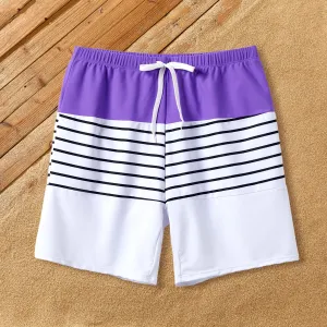 Family Matching Colorblock Stripe Swim Trunks or Purple Tie Halter Scallop Trim Swimsuit #1322960