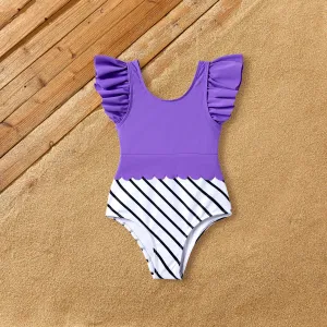 Family Matching Colorblock Stripe Swim Trunks or Purple Tie Halter Scallop Trim Swimsuit #1322967
