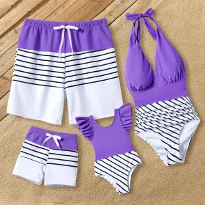 Family Matching Colorblock Stripe Swim Trunks or Purple Tie Halter Scallop Trim Swimsuit #1322974