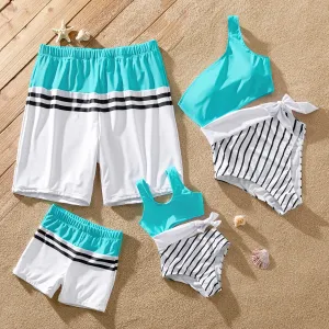 Family Matching Colorblock Striped Spliced Bow Side One-piece Swimsuit or Swim Trunks Shorts #921022
