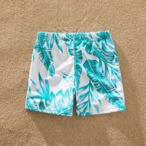 Family Matching Colorblock Textured Self-tie One-Piece Swimsuit and Allover Palm Leaf Print Swim Trunks Shorts #200976