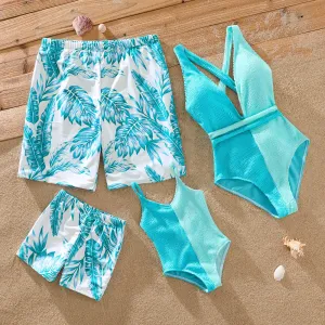 Family Matching Colorblock Textured Self-tie One-Piece Swimsuit and Allover Palm Leaf Print Swim Trunks Shorts #200991