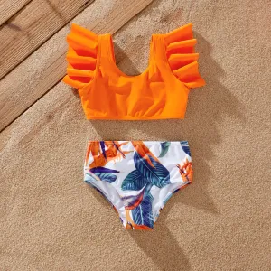 Family Matching Drawstring Swim Trunks or Orange Floral Ruffle Sleeves Cross Bikini #1338251