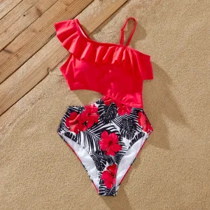 Family Matching Drawstring Swim Trunks or Red Floral Cut Out Ruffle One-Piece Swimsuit #1338269