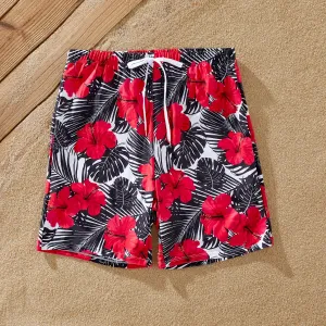 Family Matching Drawstring Swim Trunks or Red Floral Cut Out Ruffle One-Piece Swimsuit #1338280
