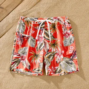 Family Matching Drawstring Swim Trunks or Tropical Floral Ruffle V-Neck Swimsuit #1323357