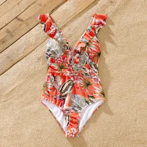 Family Matching Drawstring Swim Trunks or Tropical Floral Ruffle V-Neck Swimsuit #1323366