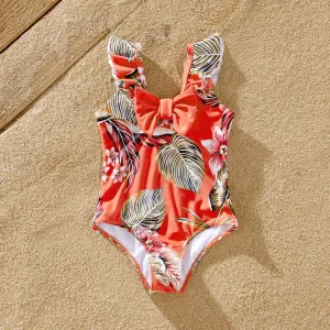 Family Matching Drawstring Swim Trunks or Tropical Floral Ruffle V-Neck Swimsuit #1323369