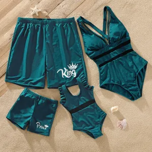 Family Matching Fishnet Spliced One-Piece Swimsuit and Letter & Crown Print Swim Trunks #776125