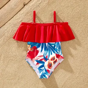 Family Matching Floral Drawstring Swim Trunks or Flounce Cut Out One-Piece Strap Swimsuit #1324386