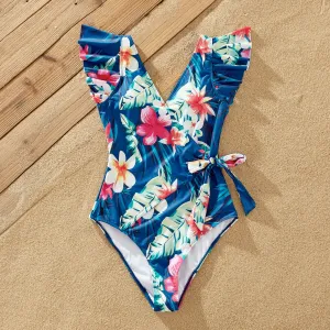 Family Matching Floral Drawstring Swim Trunks or Flutter Sleeves Knot Side One-piece Swimsuit #1327682