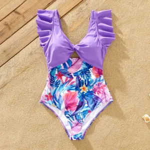 Family Matching Floral Drawstring Swim Trunks or Flutter Sleeves One-Piece Twist Knot Spliced Swimsuit #1328222