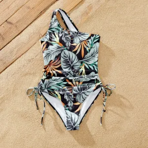 Family Matching Floral Drawstring Swim Trunks or One-Shoulder Side Drawstring Swimsuit #1323141