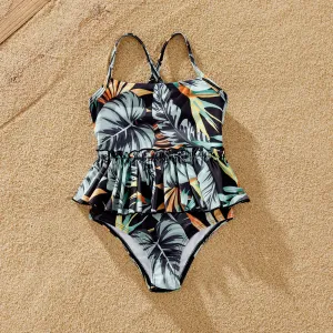 Family Matching Floral Drawstring Swim Trunks or One-Shoulder Side Drawstring Swimsuit #1323148