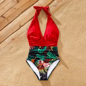 Family Matching Floral Drawstring Swim Trunks or Red Halter Top Spliced Swimsuit #1322479