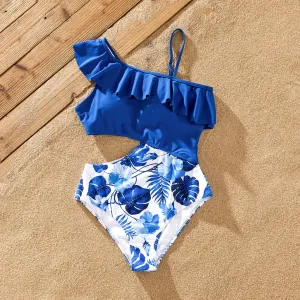 Family Matching Floral Drawstring Swim Trunks or Ruffle One Shoulder Swimsuit with single Strap #1323520