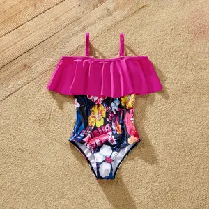 Family Matching Floral Print Ruffled One-piece Swimsuit or Plant Print Swim Trunks Shorts #1037275