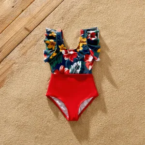 Family Matching Floral Print & Solid Spliced Ruffle Trim One-piece Swimsuit and Swim Trunks #777113
