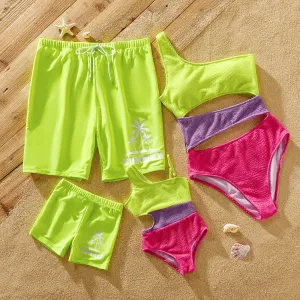 Family Matching Fluorescent Colorblock One Shoulder Cut Out One-piece Swimsuit or Graphic Swim Trunks Shorts #872039