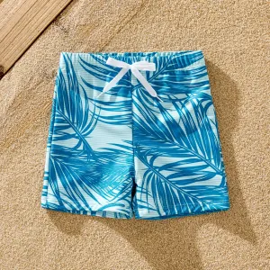 Family Matching Leaf Pattern Drawstring Swim Trunks or One-Shoulder Bikini with Removable Strap