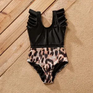 Family Matching Leopard & Black Spliced One Shoulder One-piece Swimsuit or Letter Graphic Swim Trunks Shorts #856319