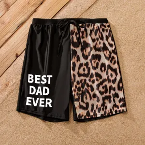 Family Matching Leopard & Black Spliced One Shoulder One-piece Swimsuit or Letter Graphic Swim Trunks Shorts #856331