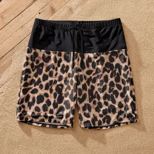 Family Matching Leopard Panel Cut Out Waist One-Shoulder One Piece Swimsuit or Swim Trunks Shorts #1044510