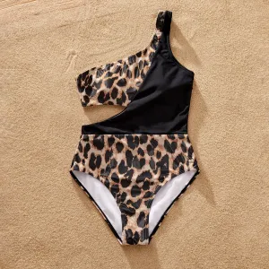 Family Matching Leopard Panel Cut Out Waist One-Shoulder One Piece Swimsuit or Swim Trunks Shorts #1227219
