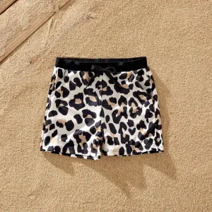 Family Matching Leopard Pattern Drawstring Swim Trunks or Ruffle Neck Two-Piece Bikini with Optional Cover Up Sarong Skirt #1322878